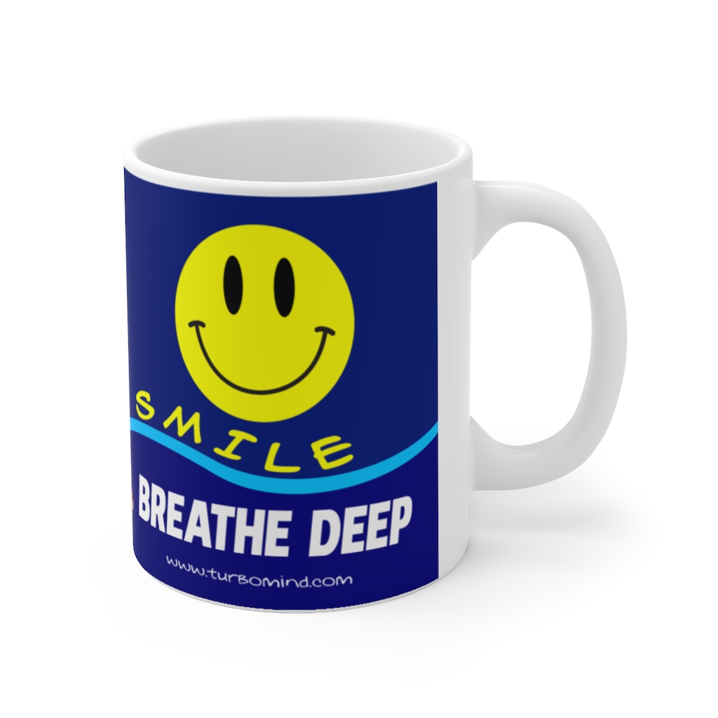 "SMILE, BREATHE DEEP" Dark Blue TurboMind Mug - Image 3